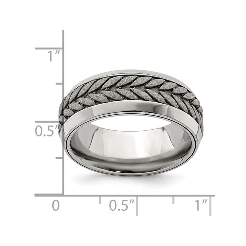Mens Stainless Steel 9mm Beveled Pattern Band Ring Image 3