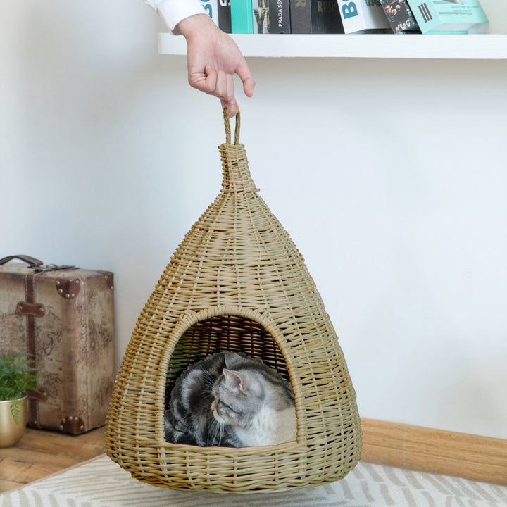 Natural Willow Pet Sleeping Bed Cave Basket with Cushion for Dogs Cats Small Size Image 4