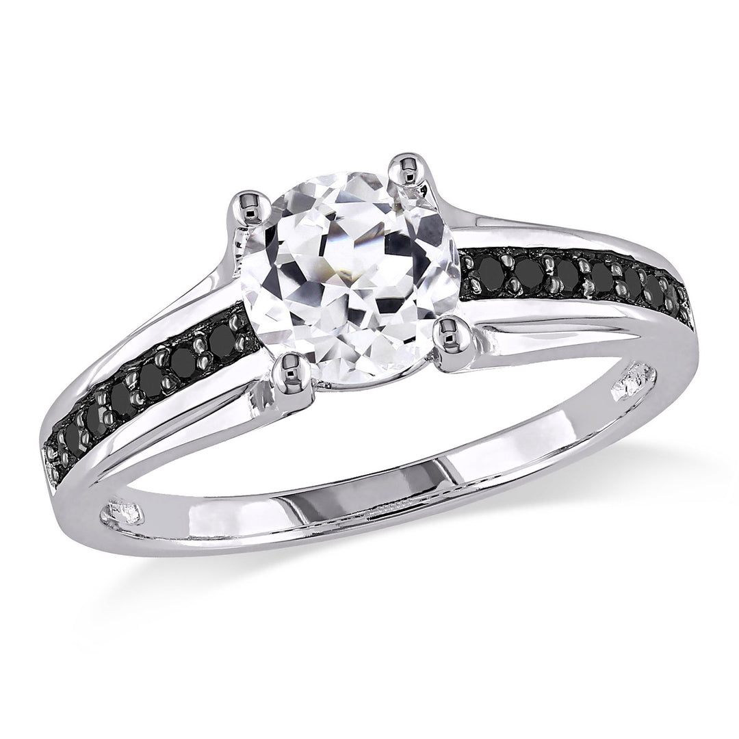 1 3/8 Carat (ctw) Lab-Created White Sapphire Engagement Ring in Sterling Silver with Black Diamonds 1/7 Carat (ctw) Image 1