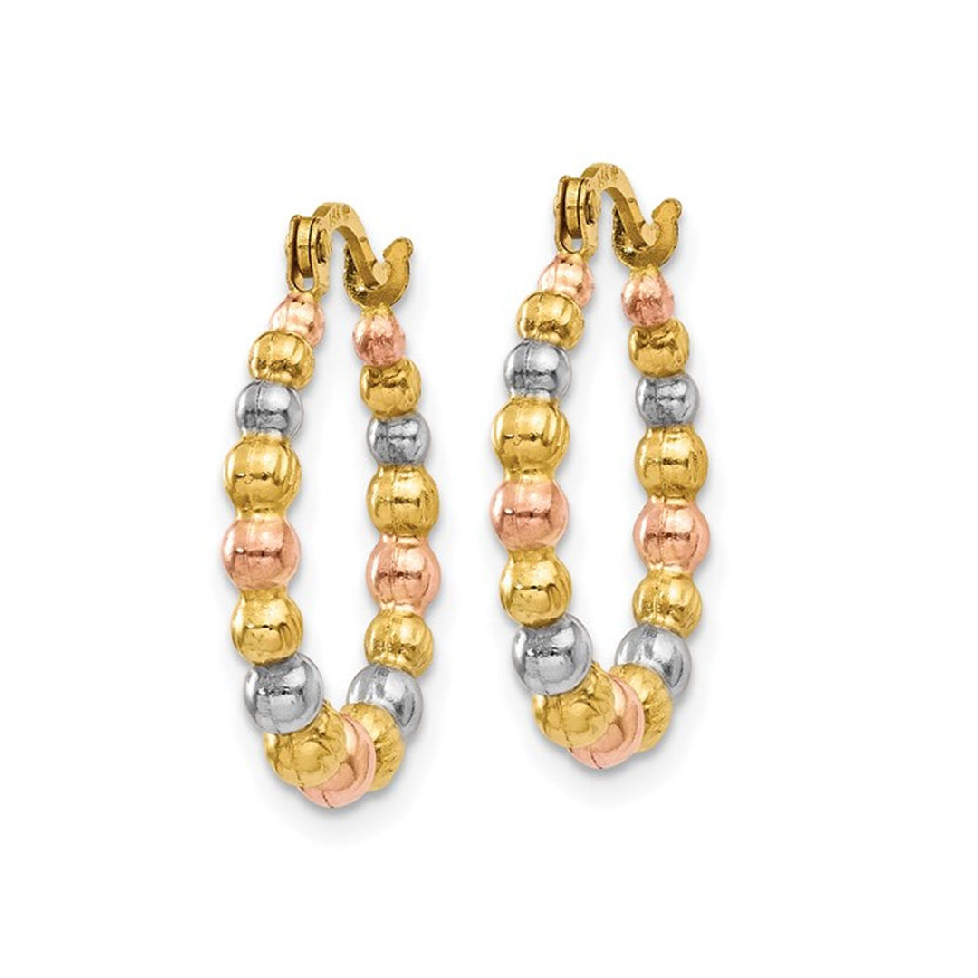 14K White Yellow and Rose Pink Gold Beaded Hoop Earrings Image 2