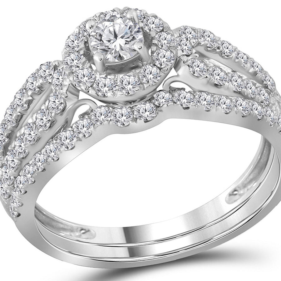1.00 Carat (Color G-HI1-I2) Diamond Engagement Ring Wedding Set Split Shank Halo in 14K White Gold Image 1