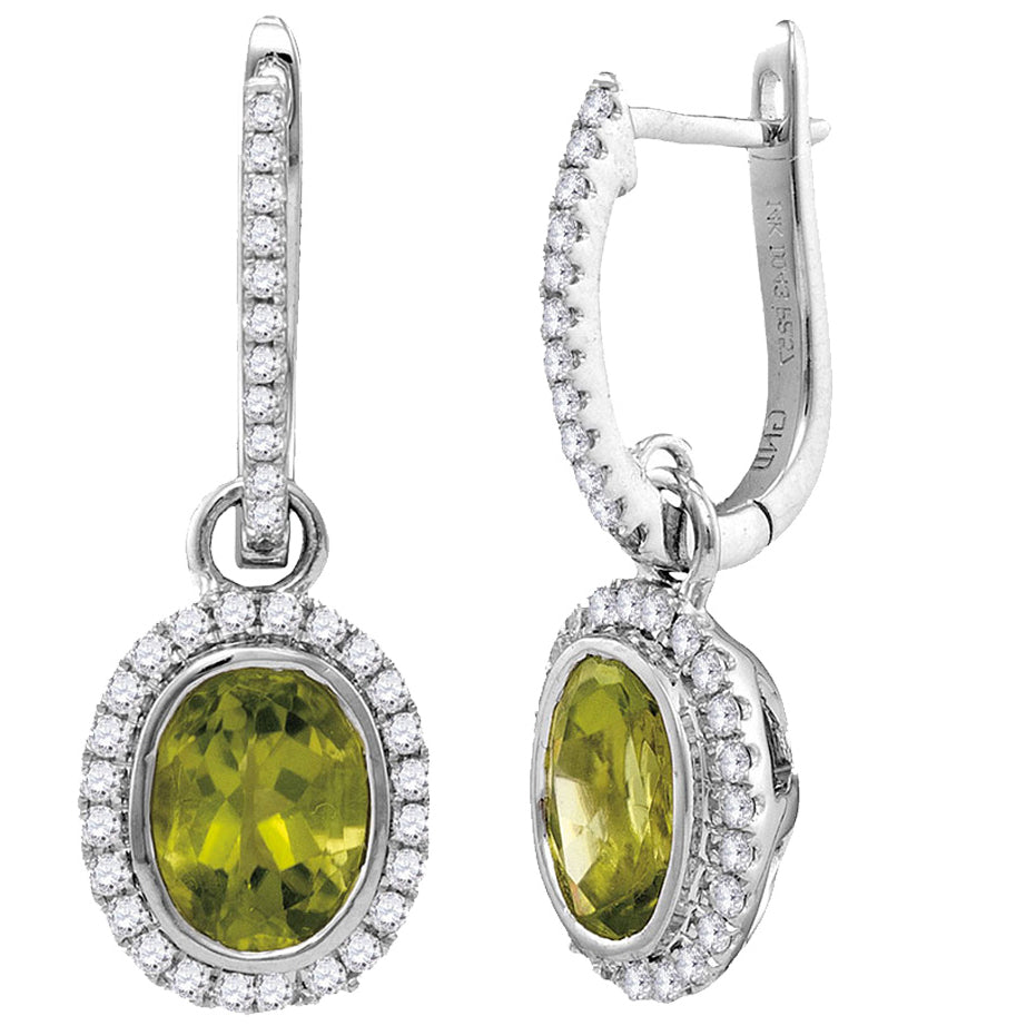 Natural Peridot 2.50 Carat (ctw) Dangle Earrings in 14K White Gold with Diamonds 3/8 Carat (HII1-I2) Image 1