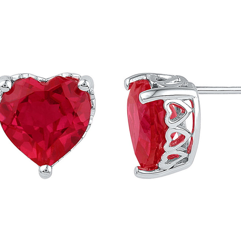 7.00 Carat (ctw) Lab-Created Heart Cut Ruby Solitaire Earrings in 10K White Gold Image 1