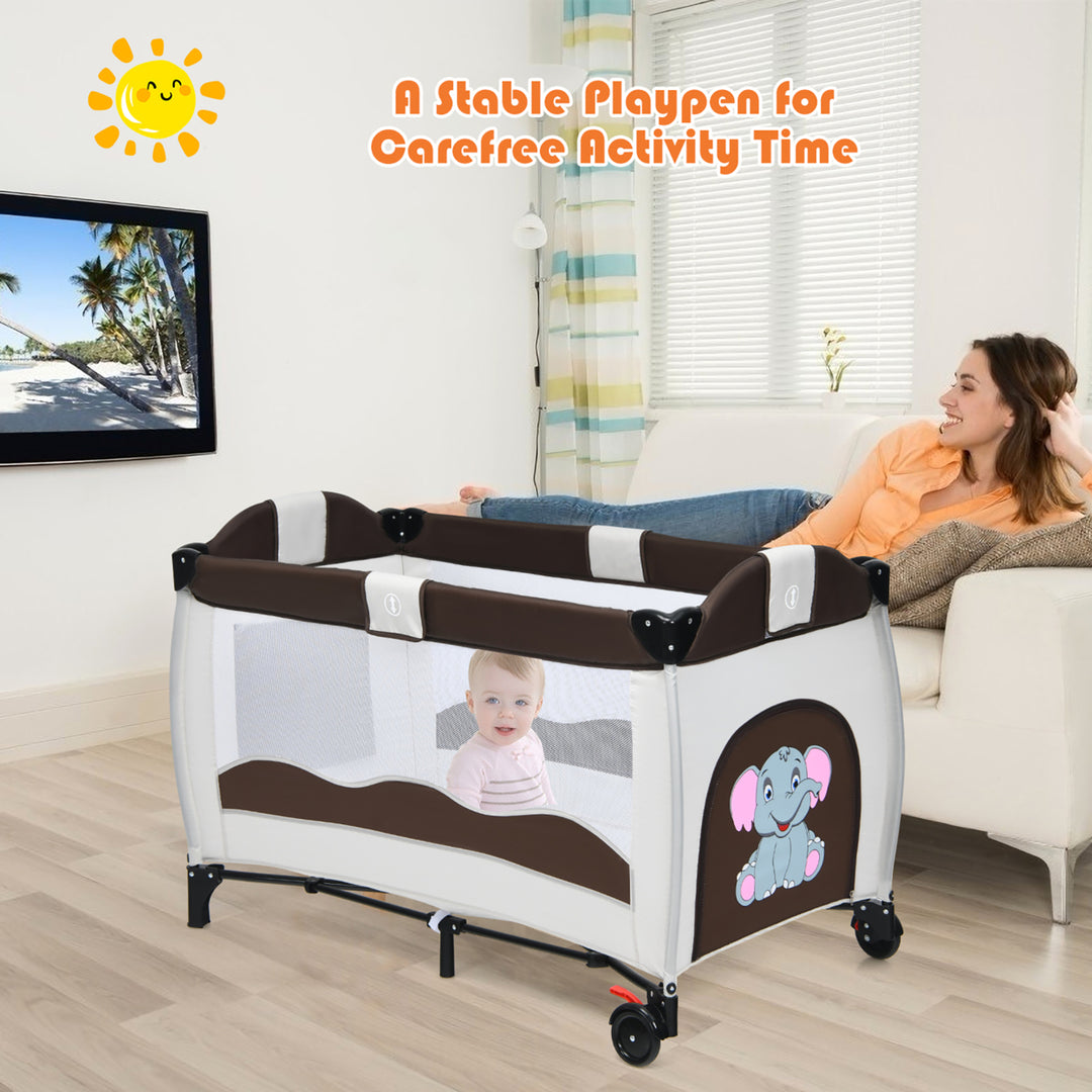 Costway Coffee Baby Crib Playpen Playard Pack Travel Infant Bassinet Bed Foldable Image 3