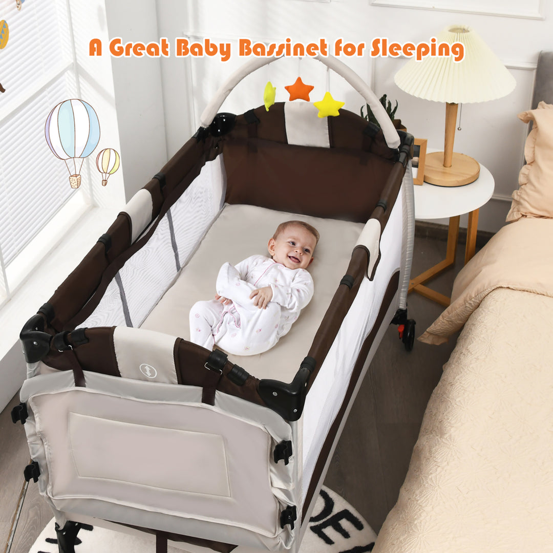 Costway Coffee Baby Crib Playpen Playard Pack Travel Infant Bassinet Bed Foldable Image 4