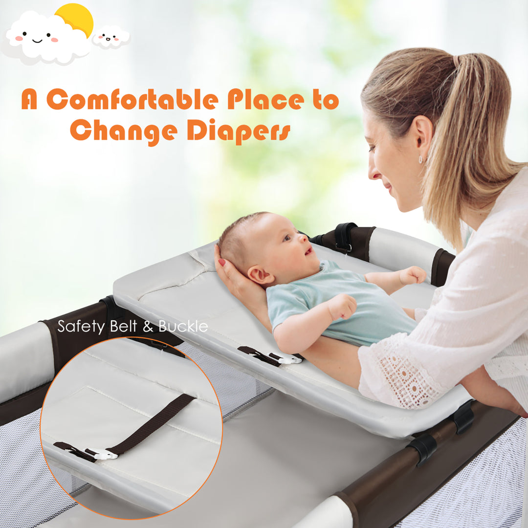 Costway Coffee Baby Crib Playpen Playard Pack Travel Infant Bassinet Bed Foldable Image 4