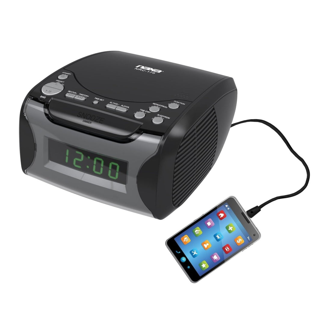 Naxa Dual Alarm Clock Radio CD Player USB Charge Port NRC-175 Large Display Image 1