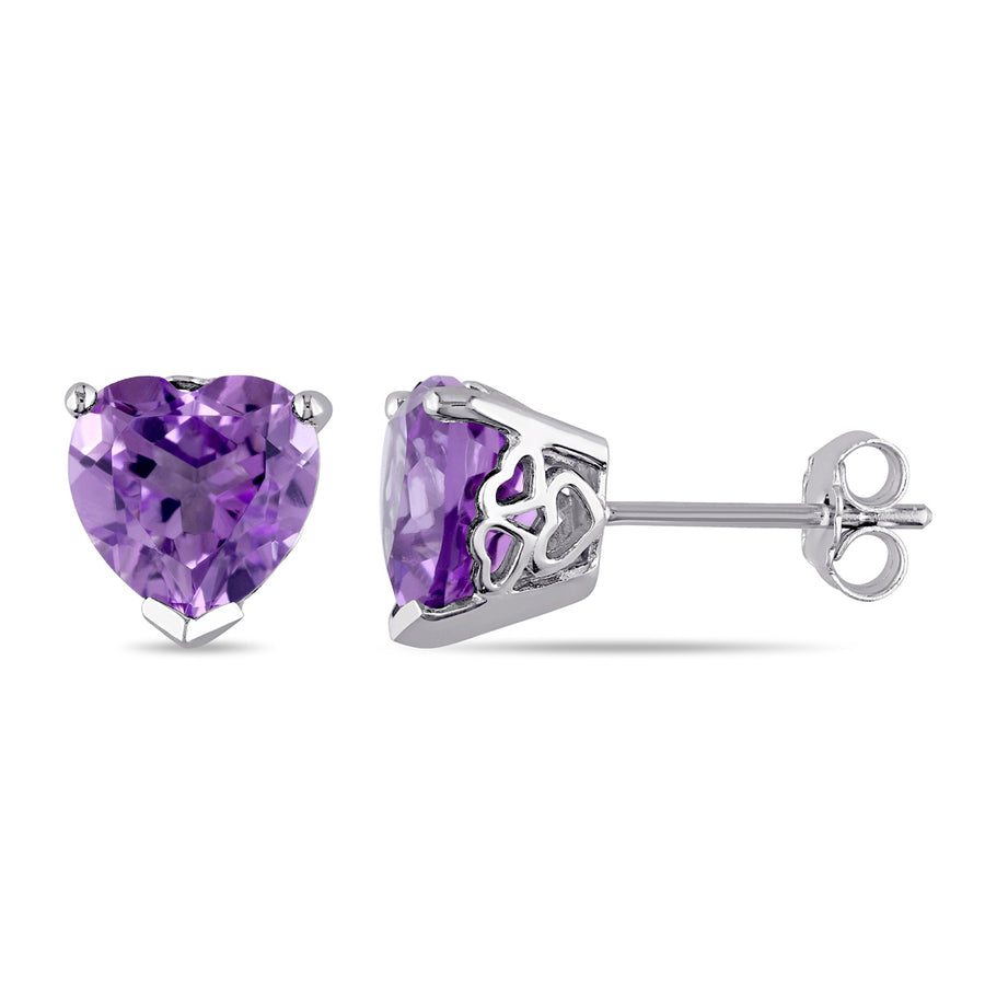 3.30 Carat (ctw) Amethyst Solitaire Heart Earrings in Sterling Silver Image 1