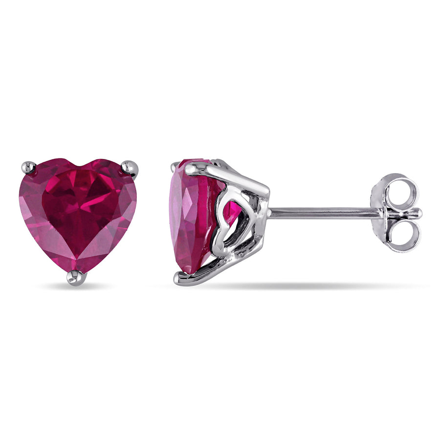 5.65 Carat (ctw) Lab-Created Ruby Heart Solitaire Earrings in Sterling Silver Image 1