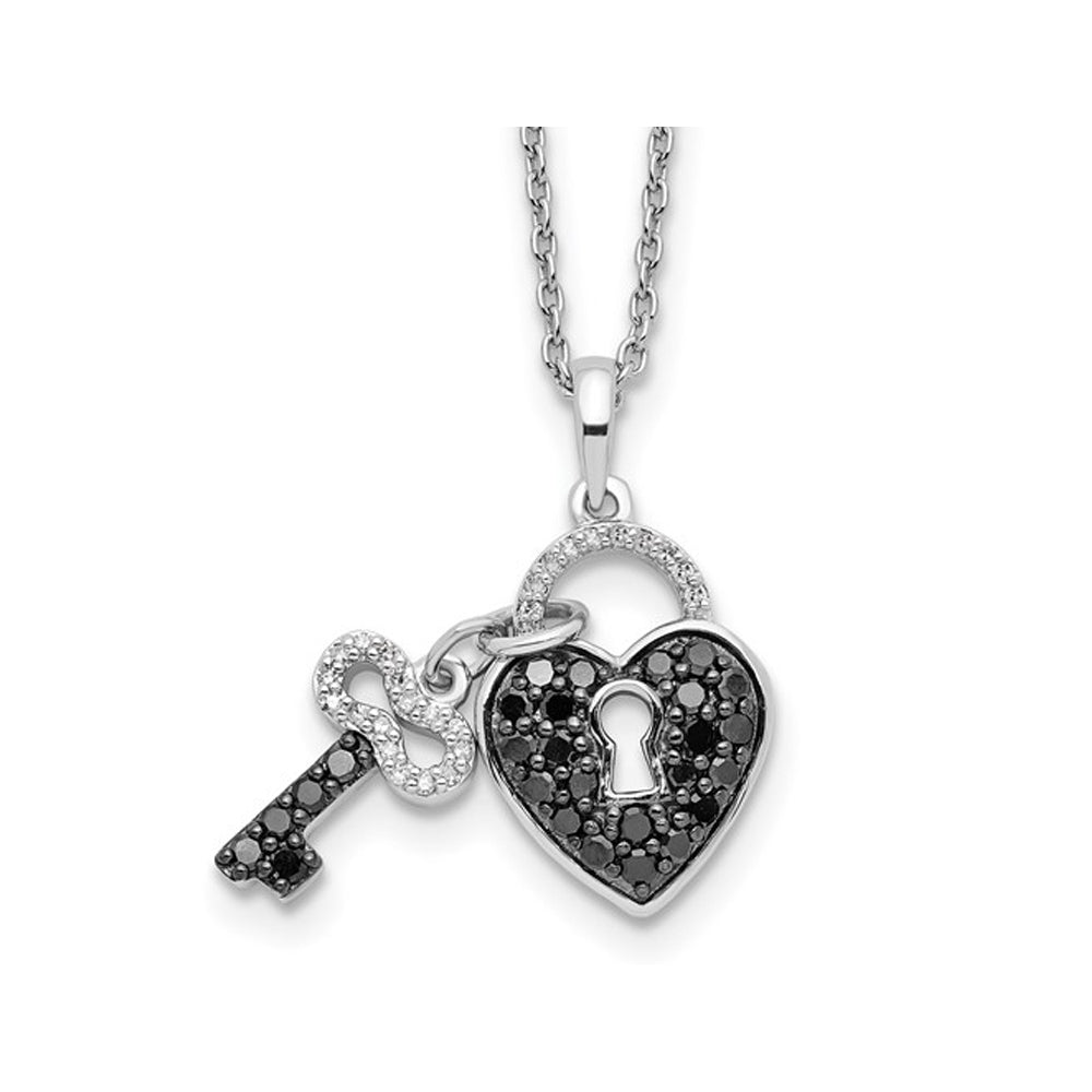 1/2 Cart (ctw) Black and White Diamond Heart Lock and Key Pendant Necklace in Sterling Silver with Chain Image 1