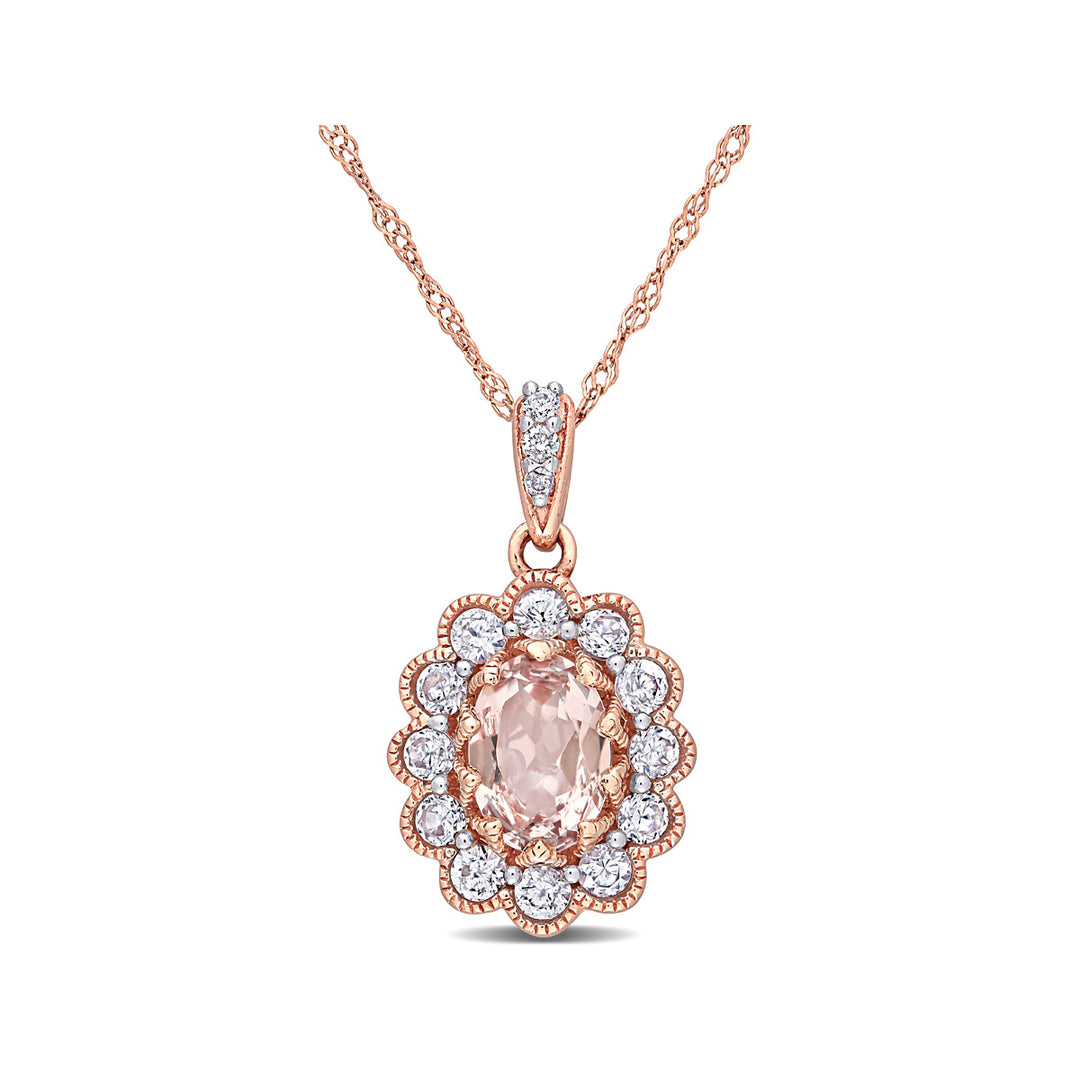 1.30 Carat (ctw) Morganite and White Sapphire Pendant Necklace in 10K Rose Pink Gold with Chain Image 1
