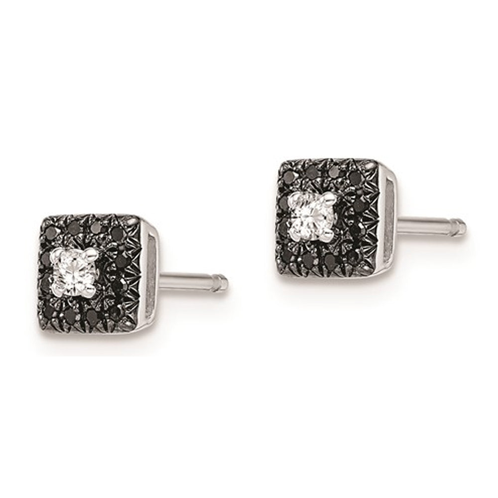 1/8 Carat (ctw) Black and White Diamond Solitaire Stud Earrings in Sterling Silver Image 2