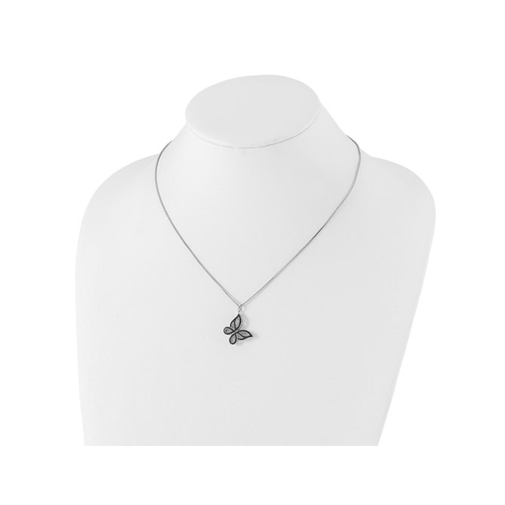 Black Accent Diamond Butterfly Pendant Necklace in Sterling Silver with Chain Image 2