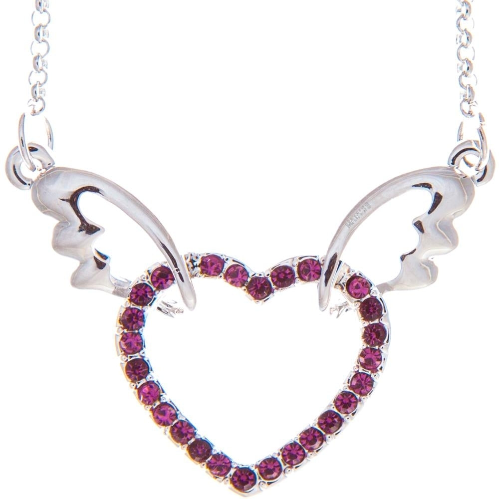 Matashi Rhodium Plated Necklace w Winged Heart Design w 16" Extendable Chain and Dark Purple Crystals Womens Jewelry Image 1