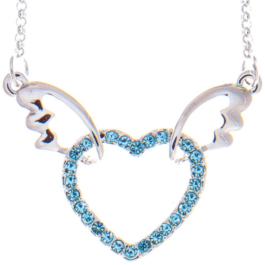 Matashi Rhodium Plated Necklace w Winged Heart Design w 16" Extendable Chain and Ocean Blue Crystals Womens Jewelry Gift Image 1