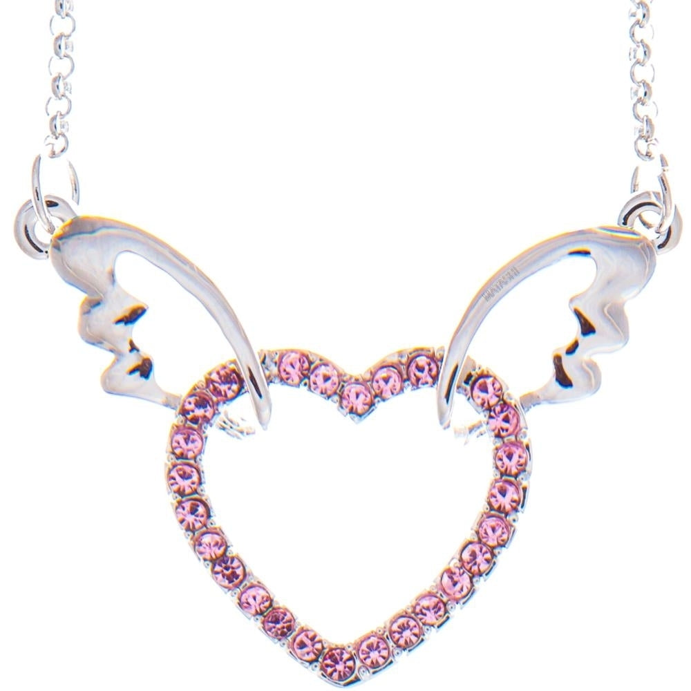 Matashi Rhodium Plated Necklace w Winged Heart Design w 16" Extendable Chain and Pink Crystals Womens Jewelry Gift for Image 1