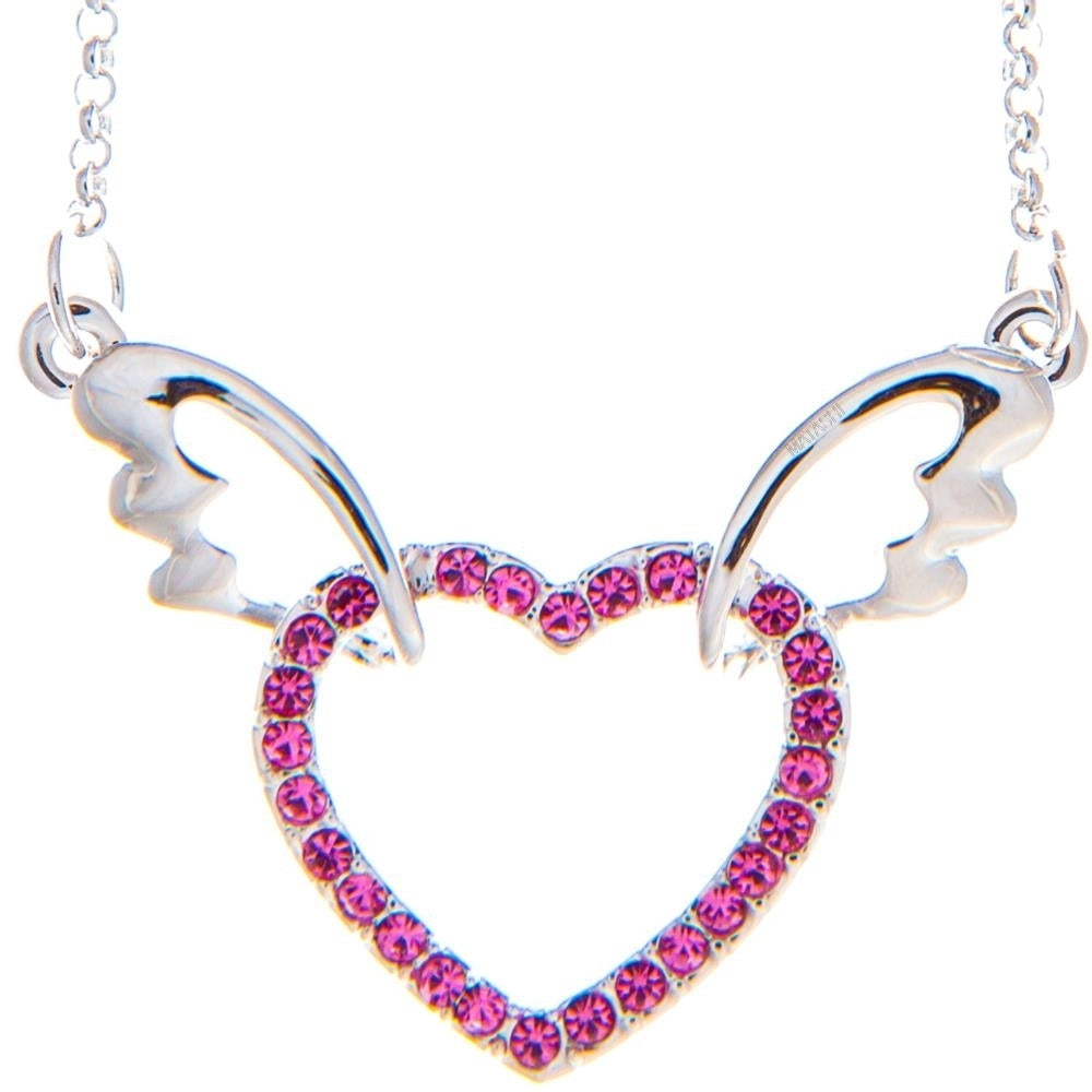 Matashi Rhodium Plated Necklace w Winged Heart Design w 16" Extendable Chain and Rose Crystals Womens Jewelry Gift for Image 1