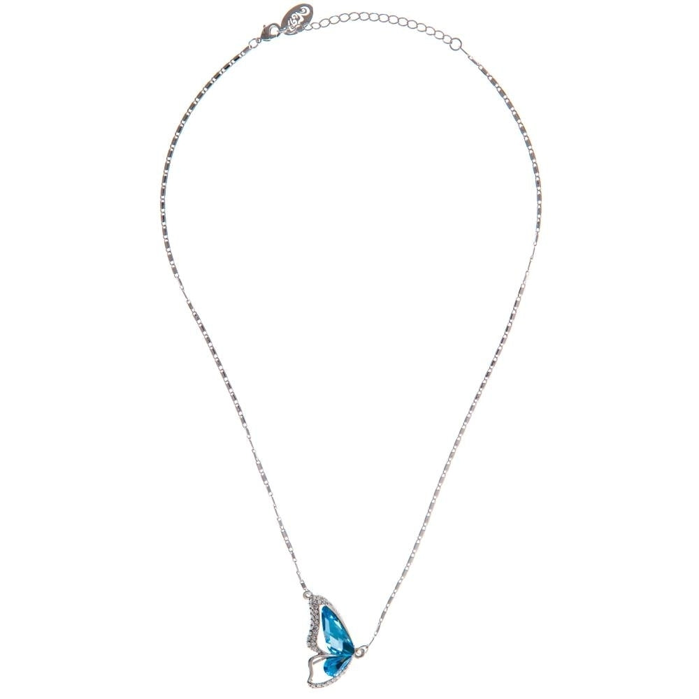 Matashi Rhodium Plated Necklace w Butterfly Wing Design w 16" Extendable Chain and Ocean Blue Crystals Womens Jewelry Image 3