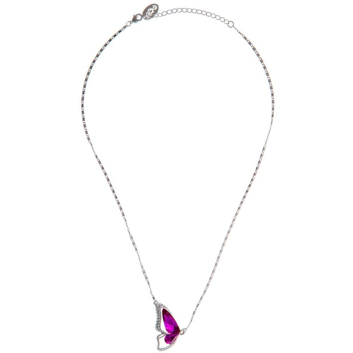 Matashi Rhodium Plated Necklace w Butterfly Wing Design and 16" Extendable Chain w Amaranth Colored Crystals Jewelry Image 3