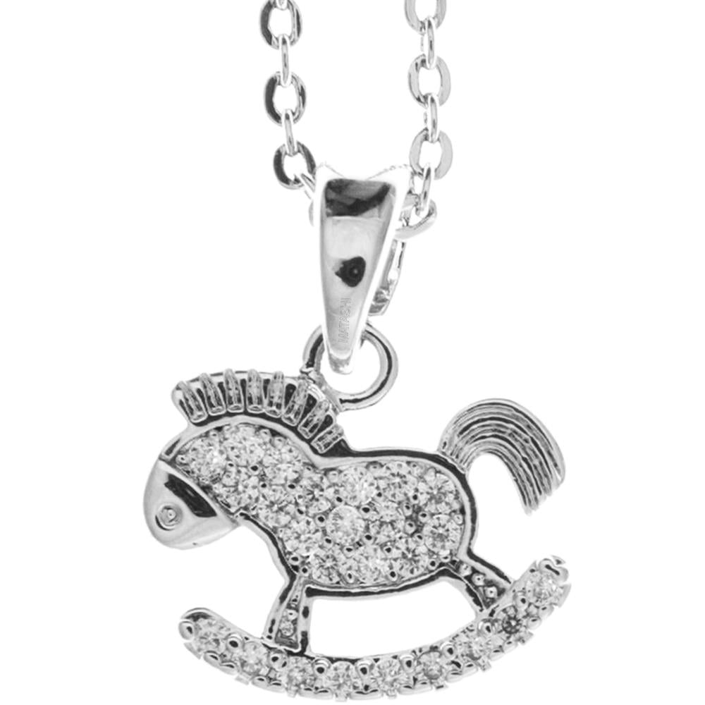 Matashi Rhodium Plated Necklace w Rocking Horse Design w 16" Extendable Chain and Clear Crystals Womens Jewelry Gift for Image 1