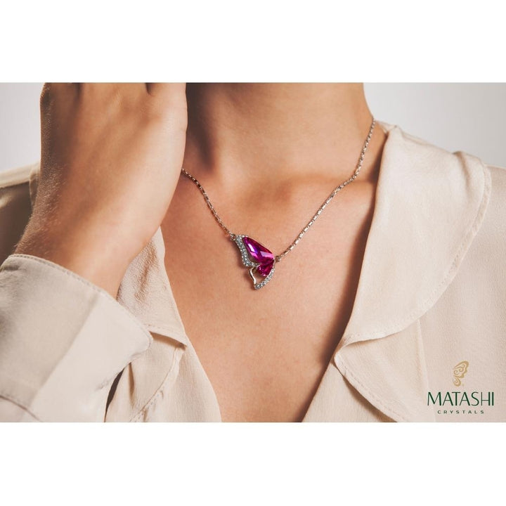 Matashi Rhodium Plated Necklace w Butterfly Wing Design and 16" Extendable Chain w Amaranth Colored Crystals Jewelry Image 4