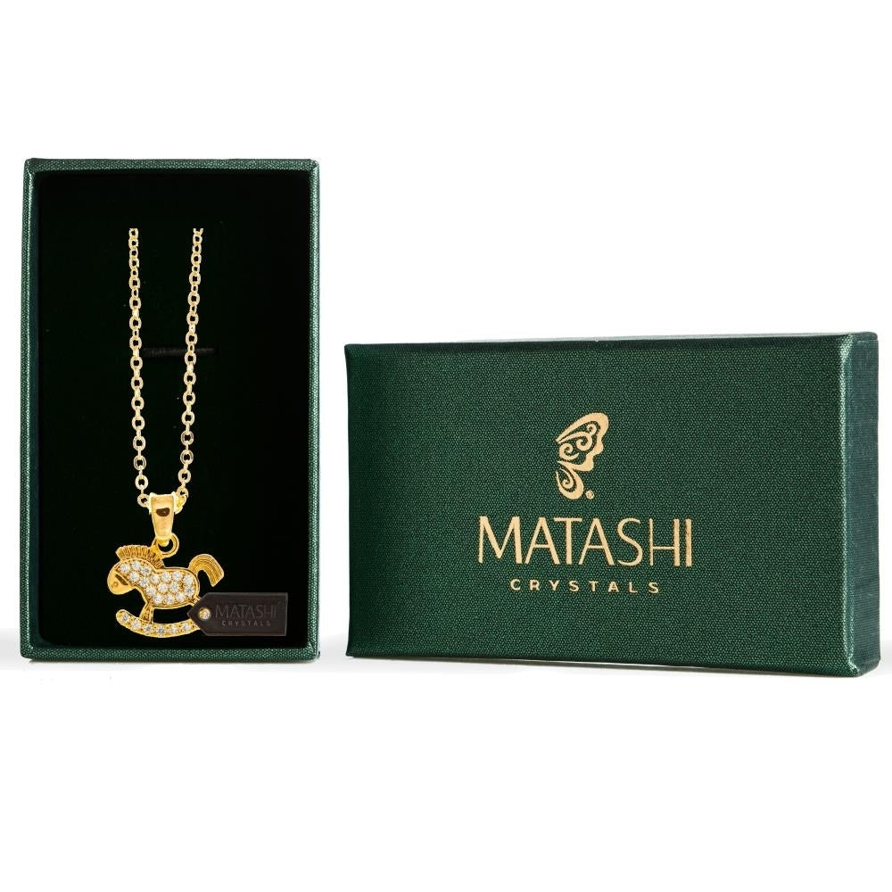 Matashi Champagne Gold Plated Necklace w Rocking Horse Design w 16" Extendable Chain and Clear Crystals Womens Jewelry Image 2