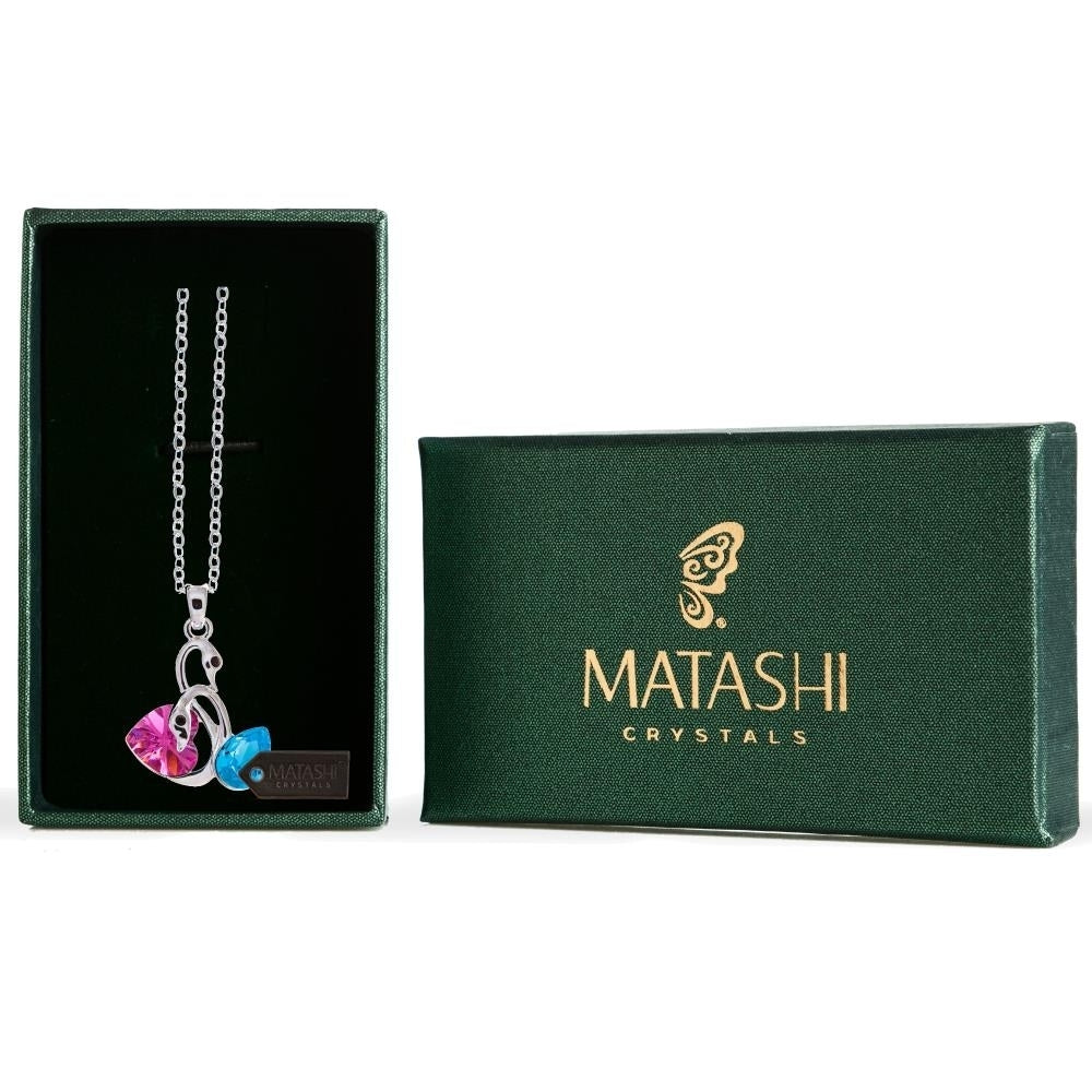 Matashi Rhodium Plated Necklace w Loving Swans Design and 16" Extendable Chain and Rose w Ocean Blue Crystals Womens Image 2