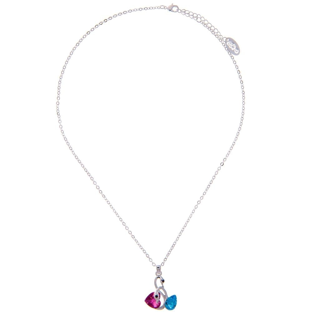 Matashi Rhodium Plated Necklace w Loving Swans Design and 16" Extendable Chain and Rose w Ocean Blue Crystals Womens Image 3