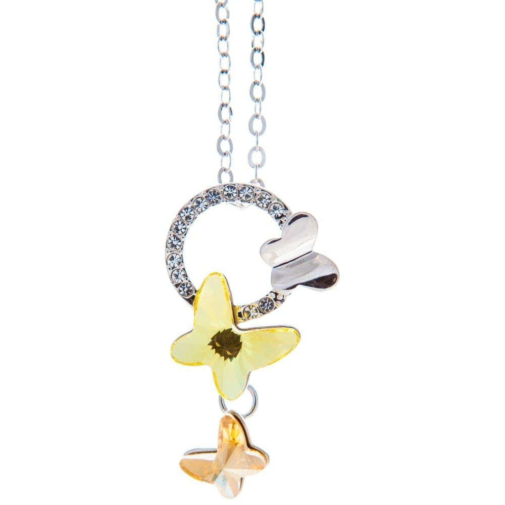 Matashi Rhodium Plated Necklace w Yellow Fluttering Butterflies Design and 16" Extendable Chain w Crystals Womens Image 2