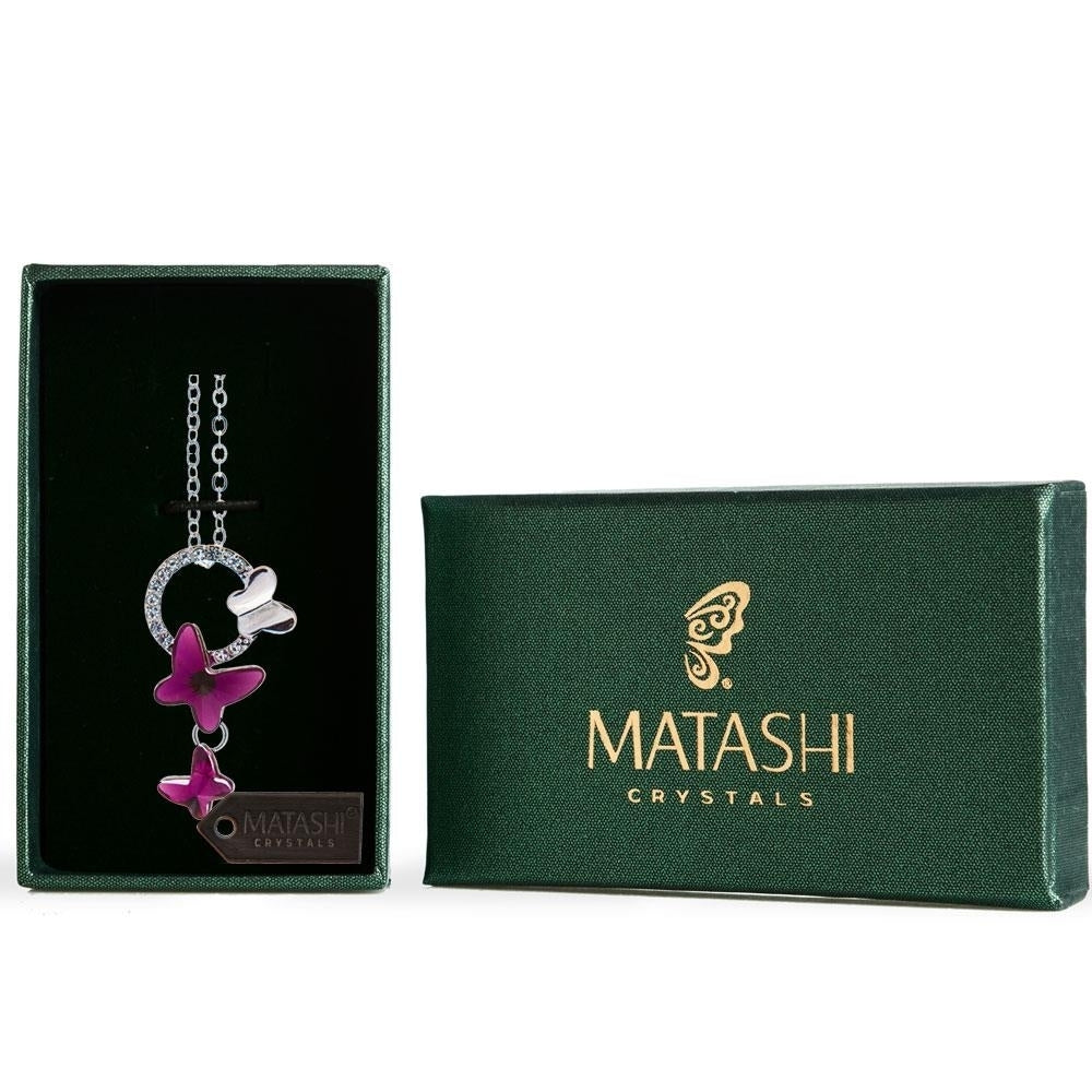 Matashi Rhodium Plated Necklace w Purple Fluttering Butterflies Design and 16" Extendable Chain w Crystals Womens Image 4