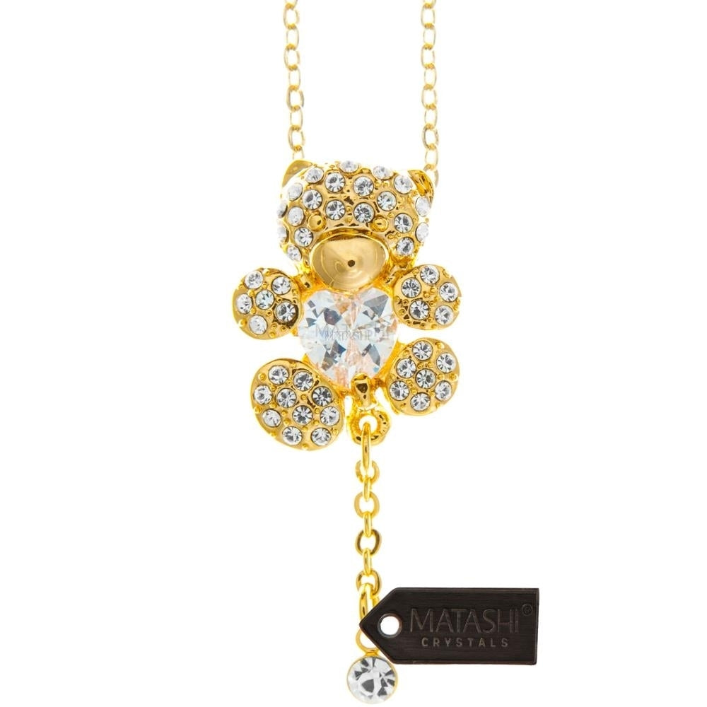 Matashi Champagne Gold Plated Necklace w Teddy Bear Design and 16" Extendable Chain w Clear Crystals Womens Jewelry Gift Image 2