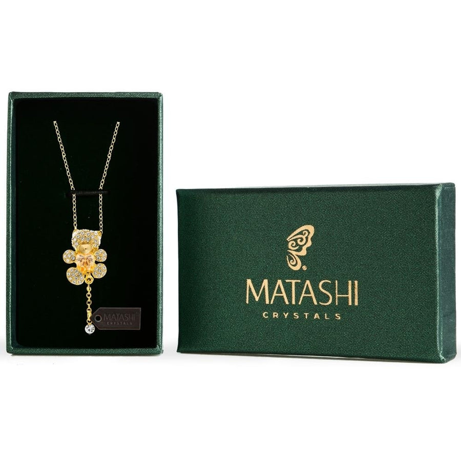 Matashi Champagne Gold Plated Necklace w Teddy Bear Design and 16" Extendable Chain and Gold Tinted Crystals Womens Image 1