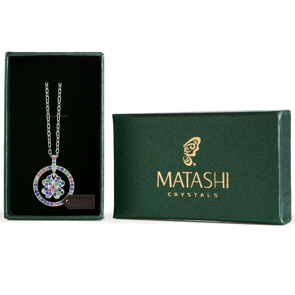 Matashi Rhodium Plated Necklace w Round Lucky Four Leaf Clover Design Pendant and 16" Extendable Chain and Crystals Gift Image 1