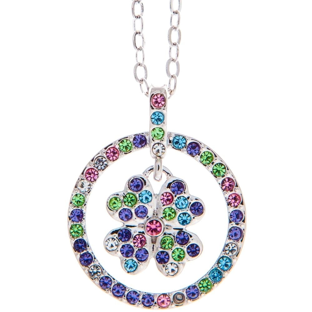 Matashi Rhodium Plated Necklace w Round Lucky Four Leaf Clover Design Pendant and 16" Extendable Chain and Crystals Gift Image 2