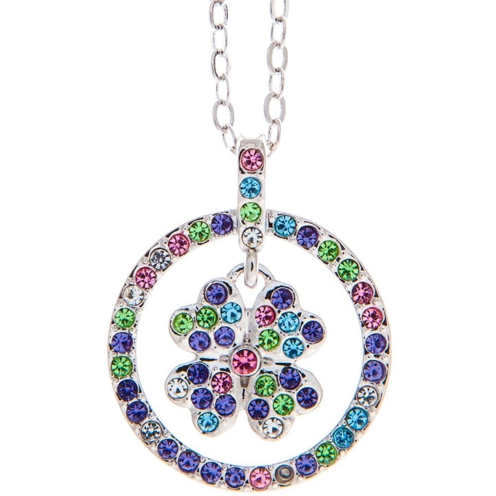 Matashi Rhodium Plated Necklace w Round Lucky Four Leaf Clover Design Pendant and 16" Extendable Chain and Crystals Gift Image 2