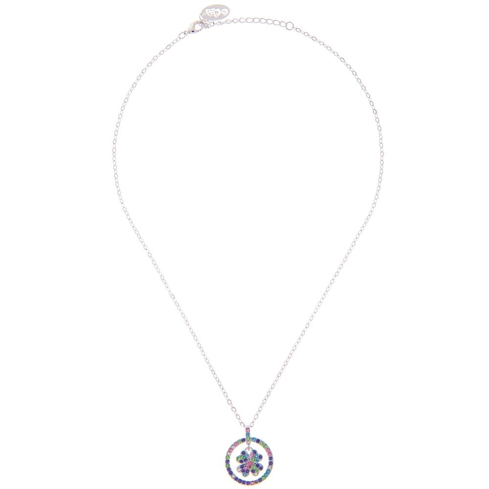 Matashi Rhodium Plated Necklace w Round Lucky Four Leaf Clover Design Pendant and 16" Extendable Chain and Crystals Gift Image 3