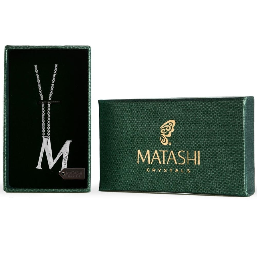 Matashi Rhodium Plated Necklace w Personalized Letter "M" Initial Design and 16" Extendable Chain w Clear Crystals Image 1