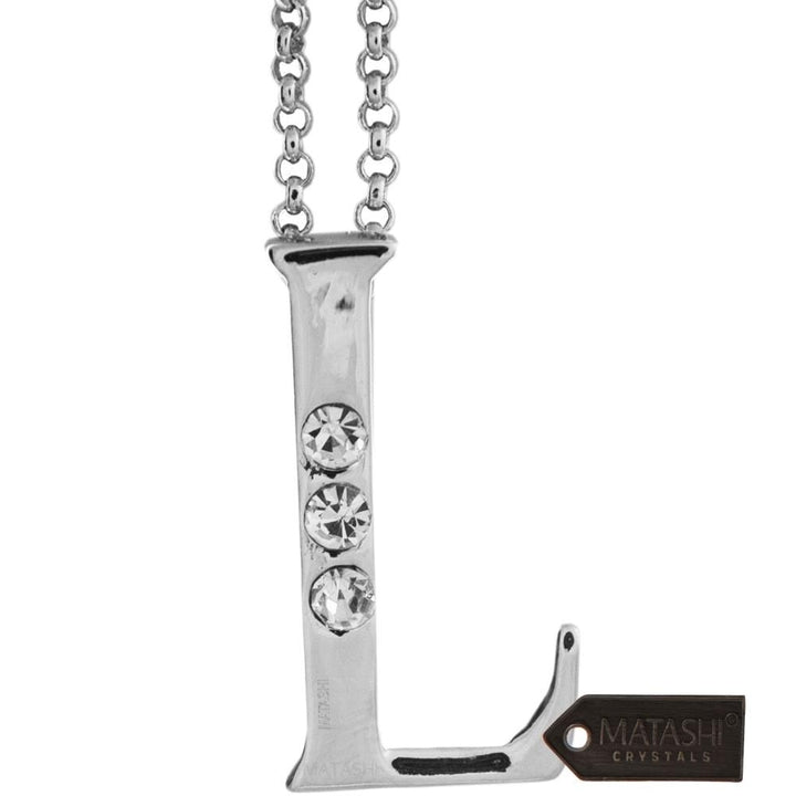 Matashi Rhodium Plated Necklace w Personalized Letter "L" Initial Design and 16" Extendable Chain w Clear Crystals Image 2