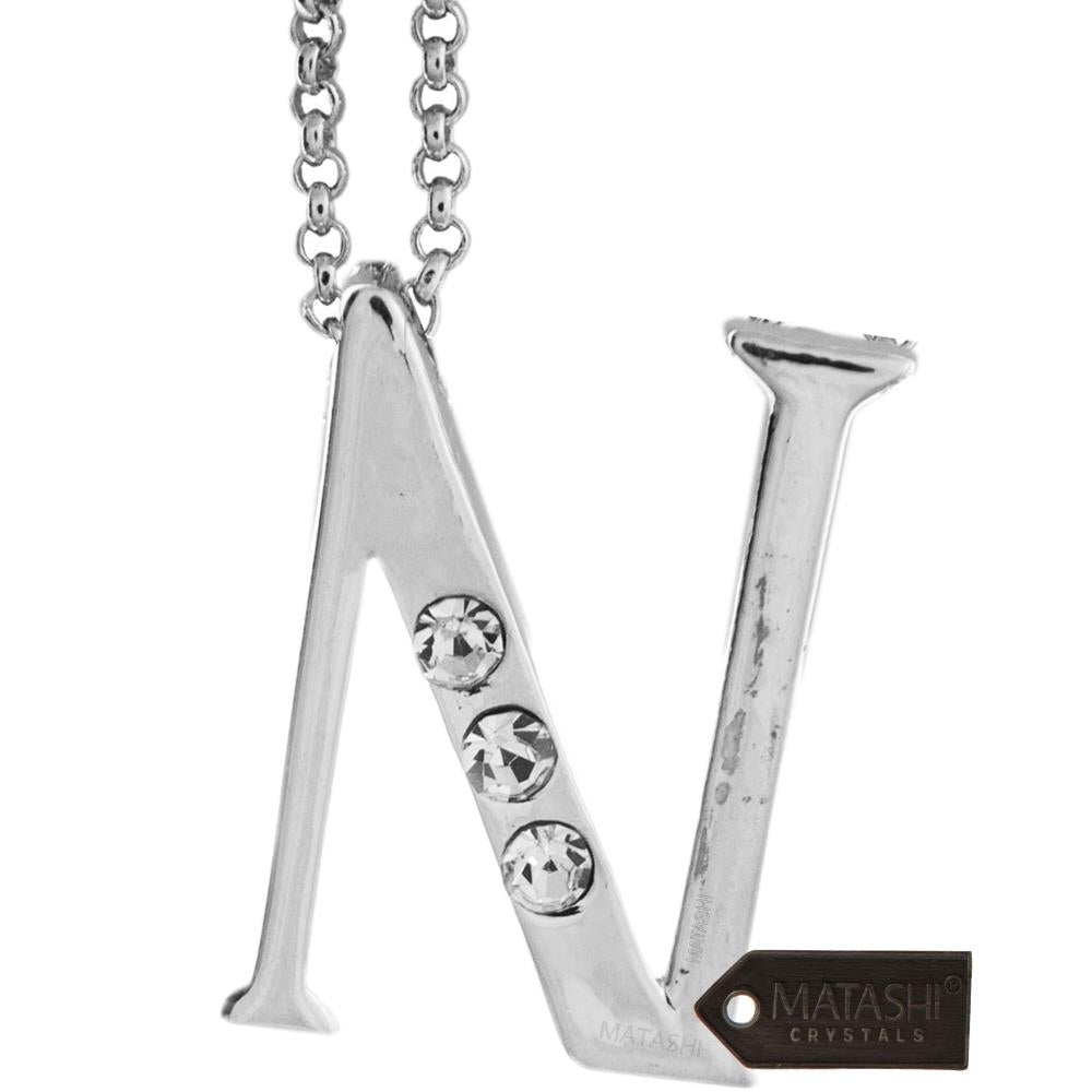 Matashi Rhodium Plated Necklace w Personalized Letter "N" Initial Design and 16" Extendable Chain w Clear Crystals Image 2