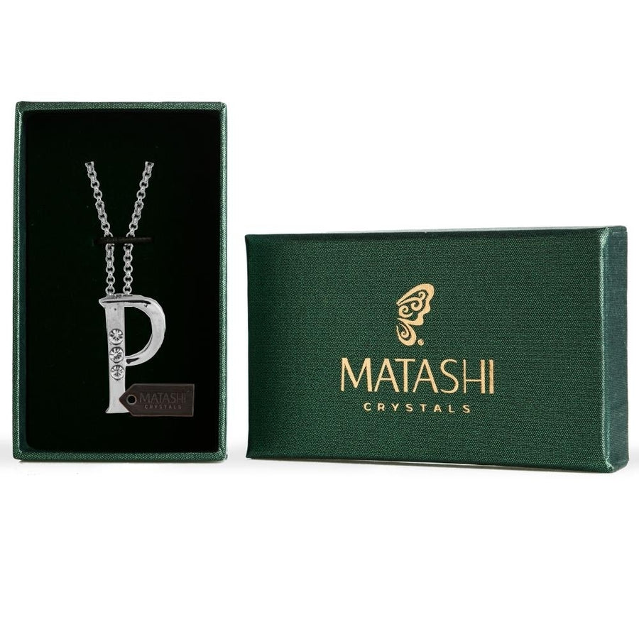 Matashi Rhodium Plated Necklace w Personalized Letter "P" Initial Design and 16" Extendable Chain w Clear Crystals Image 1