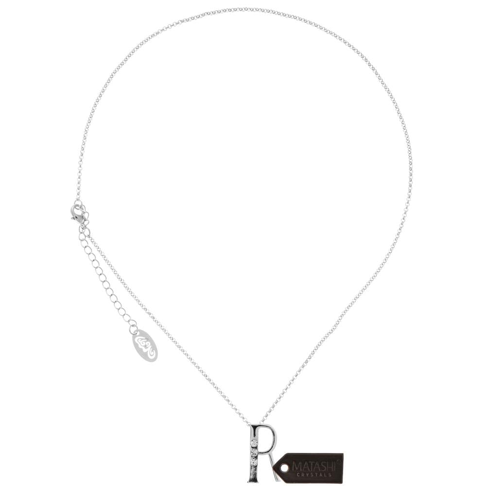 Matashi Rhodium Plated Necklace w Personalized Letter "R" Initial Design and 16" Extendable Chain w Clear Crystals Image 3