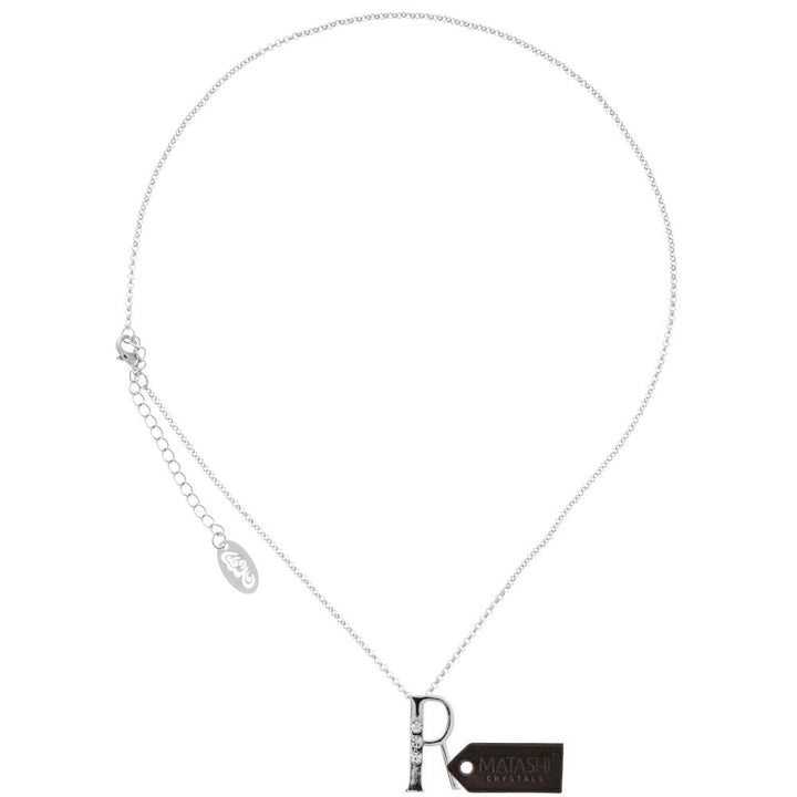 Matashi Rhodium Plated Necklace w Personalized Letter "R" Initial Design and 16" Extendable Chain w Clear Crystals Image 3