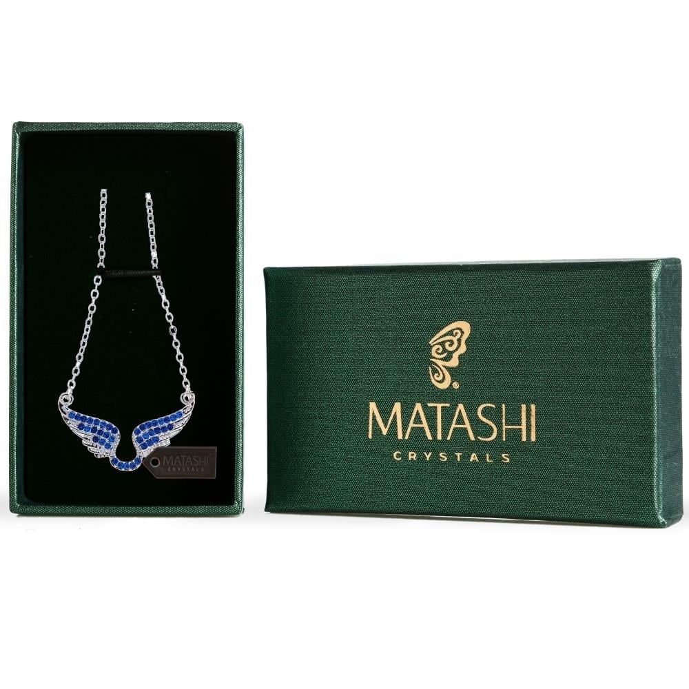 Matashi Rhodium Plated Necklace w Outspread Angel Wings Design and 16" Extendable Chain w Navy Blue Crystal Womens Image 1