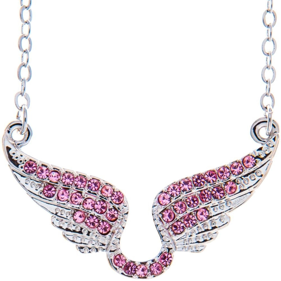 Matashi Rhodium Plated Necklace w Outspread Angel Wings Design and 16" Extendable Chain w Pink Crystals Womens Jewelry Image 1