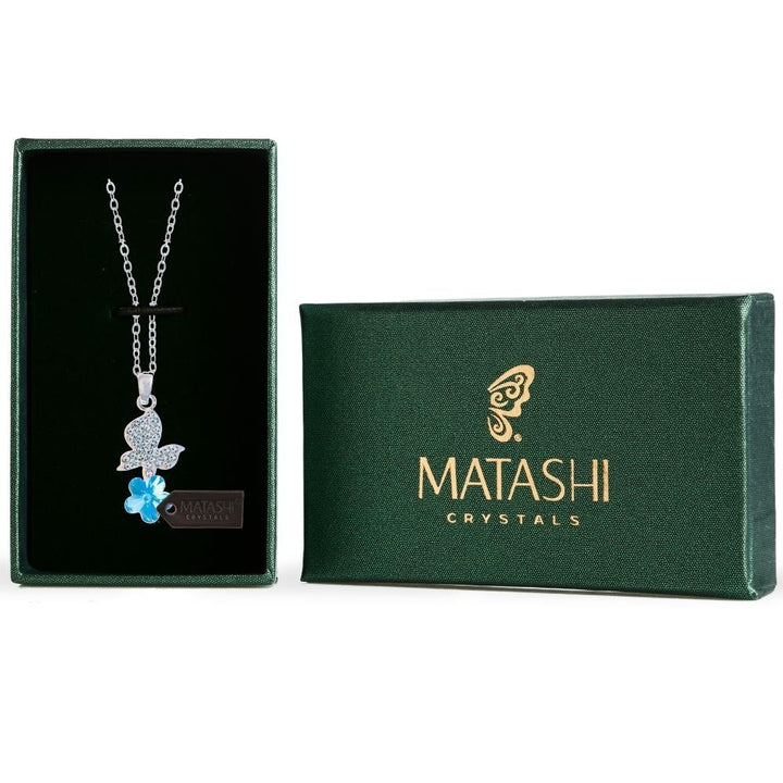 Matashi Rhodium Plated Necklace w Butterfly Alighting on Flower Design and 16" Chain w Blue Crystals Womens Jewelry Gift Image 1