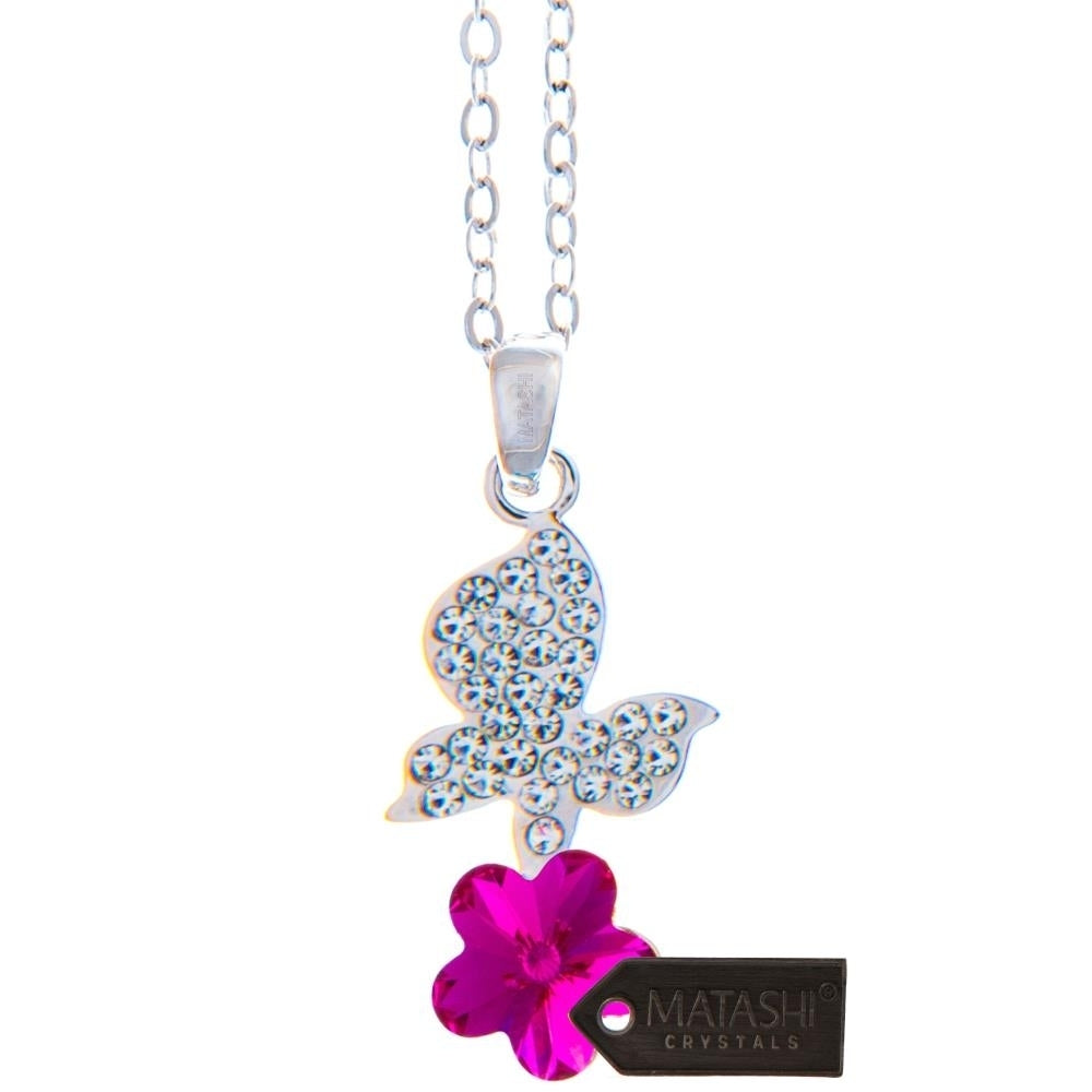 Matashi Rhodium Plated Necklace w Butterfly Alighting on a Flower Design and 16" Chain w Amaranth Crystals Womens Image 2