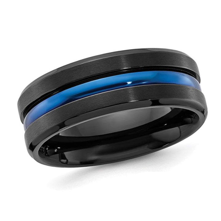 Mens Black Titanium and Blue Plating Wedding Band Ring (8.00mm) Image 1