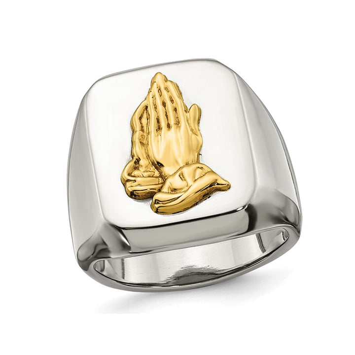 Mens Praying Hands Polished Stainless Steel Ring Image 1