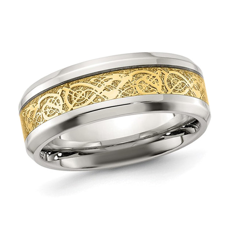 Mens Yellow Plated Stainless Steel Band Ring with Inlay Design (8.0,mm) Image 1