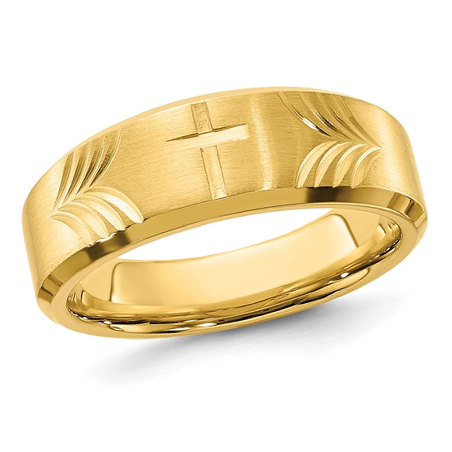 Yellow Plated Stainless Steel Cross Brushed Tapered Band Ring (8mm) Image 1